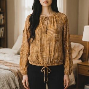 Time and Tru Mustard Geometric Tie-Neck Drawstring Blouse